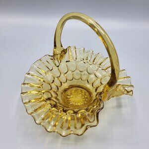 Vintage Candy Dish Amber Glass Basket Thumbprint Ruffled Edge